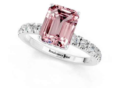 White gold Emerald Cut Morganite Pave Band Solitaire Ring with Four-Prong Setting_25