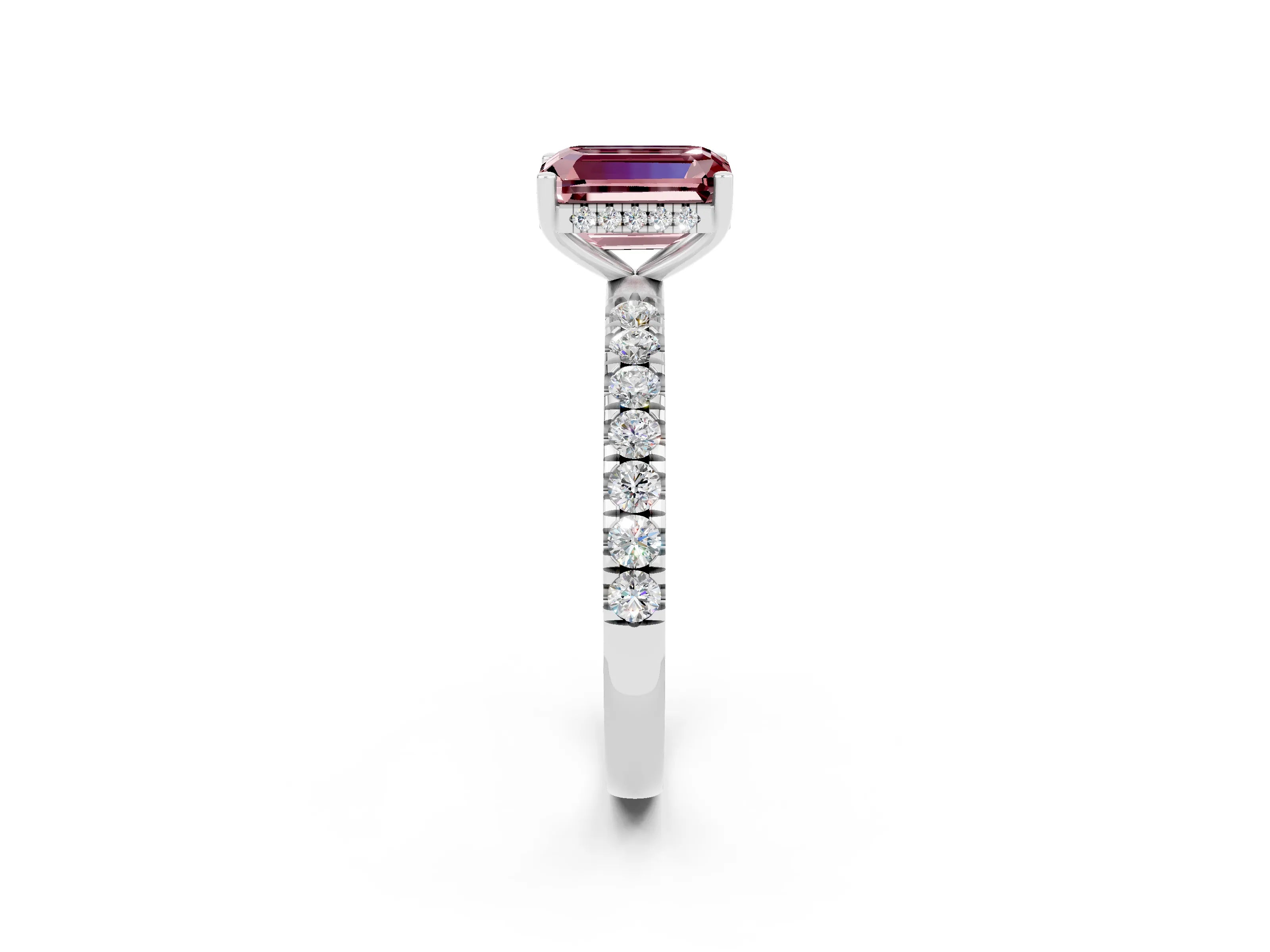 White gold Emerald Cut Morganite Pave Band Solitaire Ring with Four-Prong Setting_26