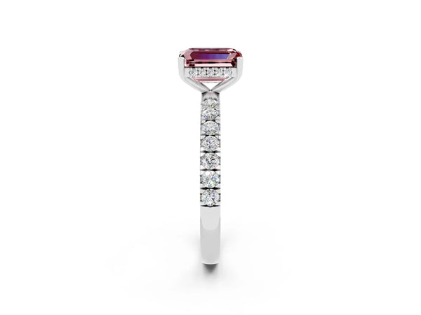 White gold Emerald Cut Morganite Pave Band Solitaire Ring with Round  and Prong Setting