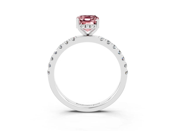 Platinum Emerald Cut Morganite Pave Band Solitaire Ring with Round  and Prong Setting