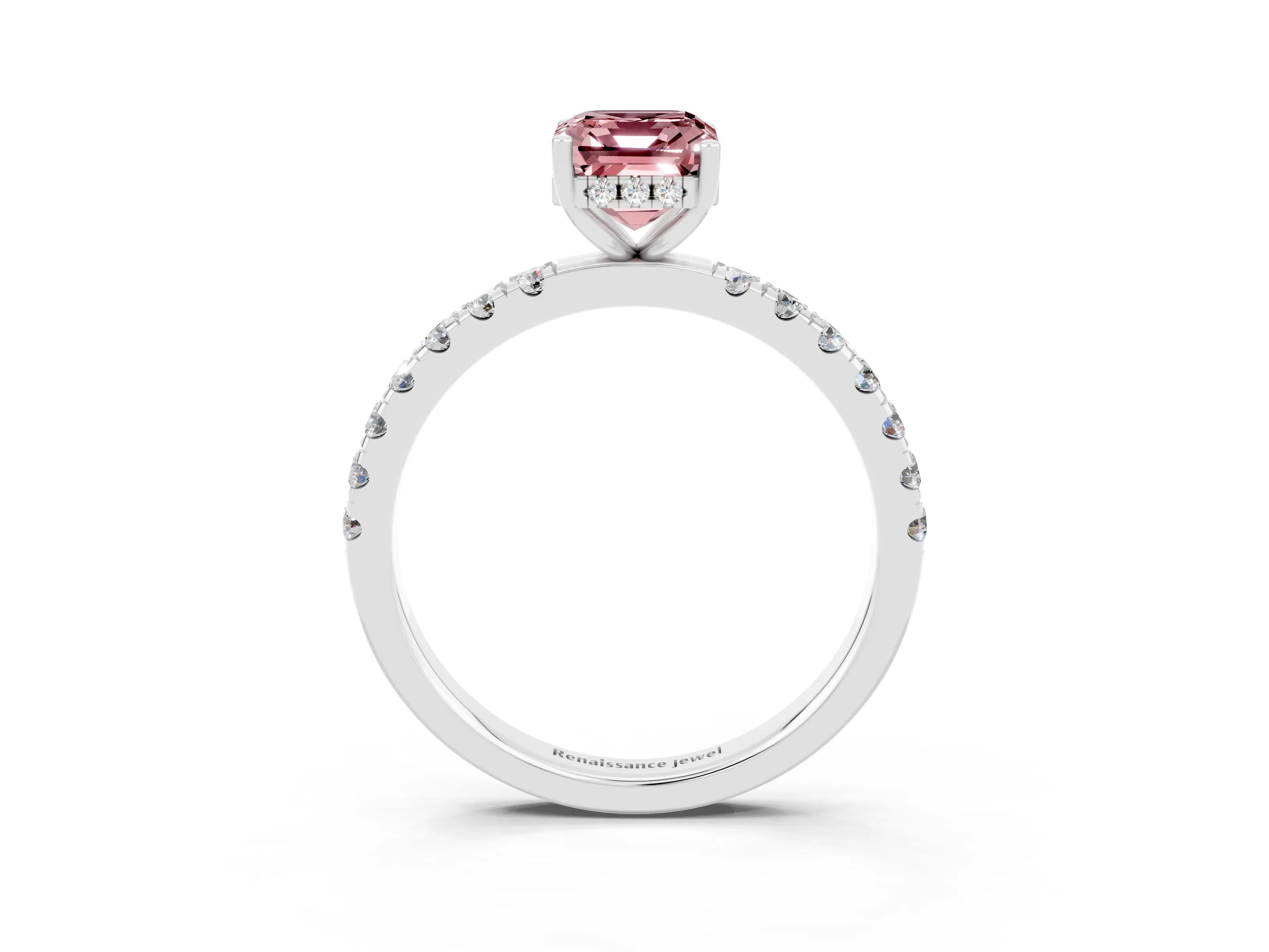 White gold Emerald Cut Morganite Pave Band Solitaire Ring with Four-Prong Setting_27