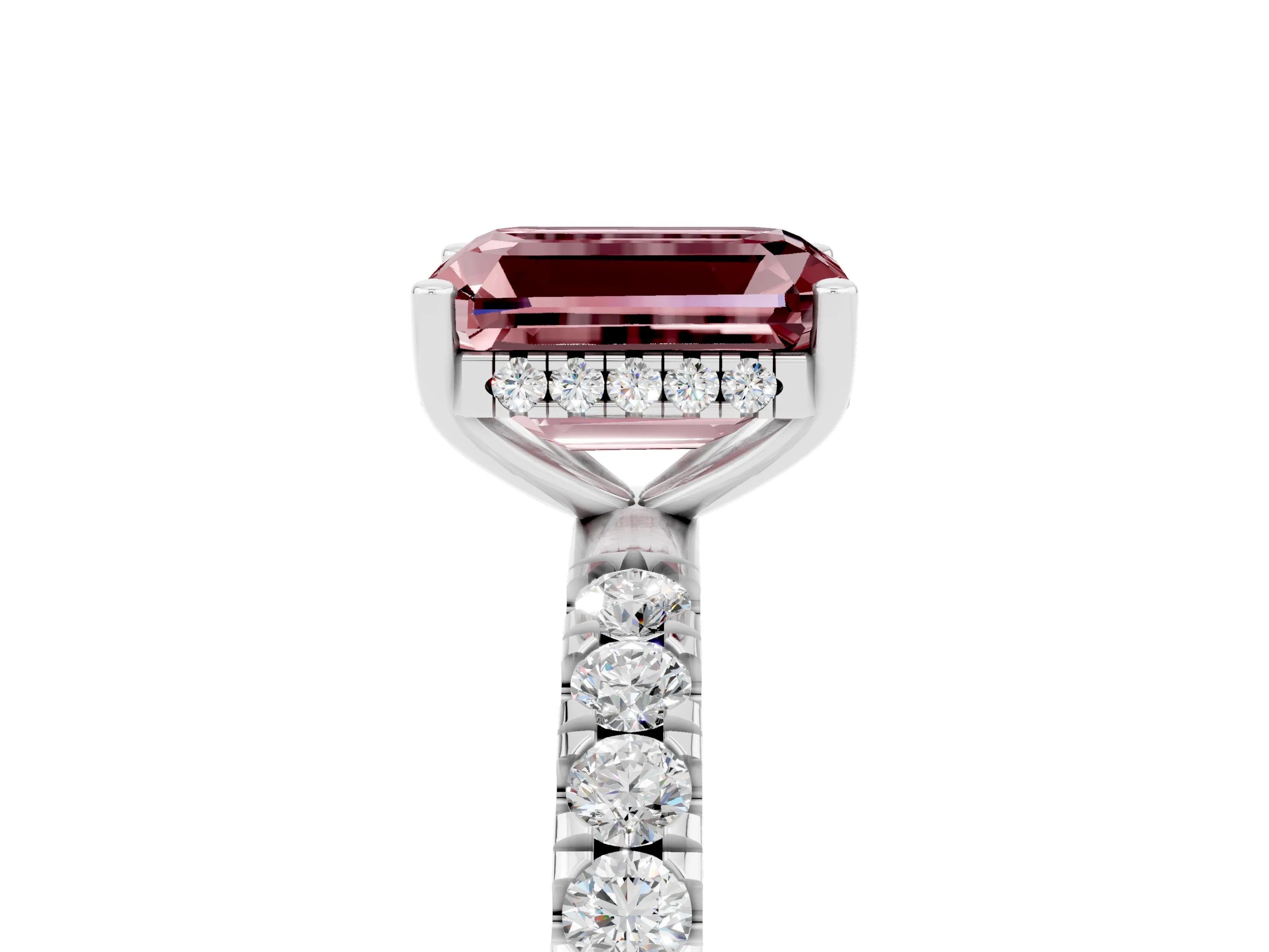 White gold Emerald Cut Morganite Pave Band Solitaire Ring with Four-Prong Setting_29
