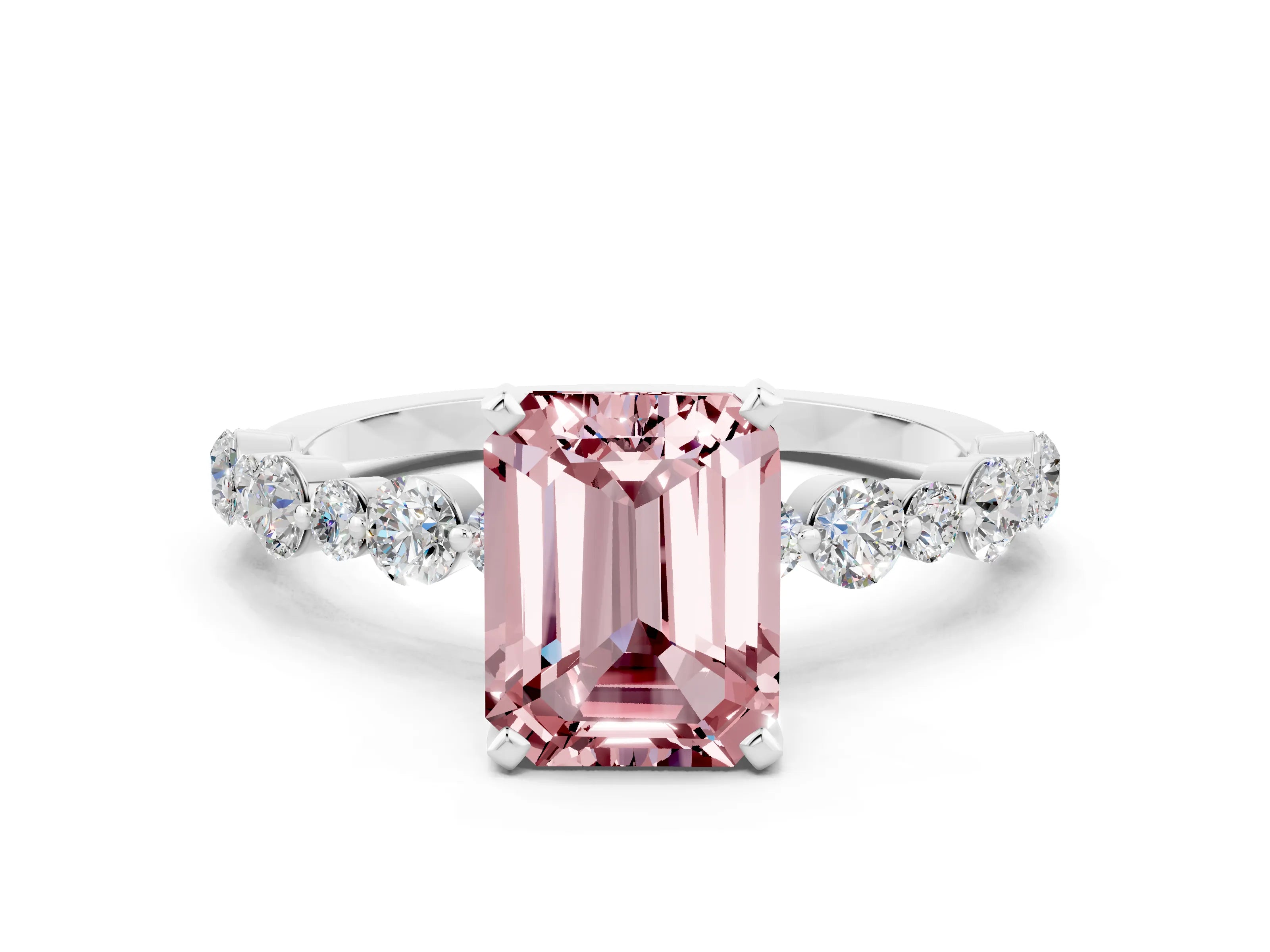White gold Emerald Cut Morganite Prong Set Engagement Ring with Pavé Band