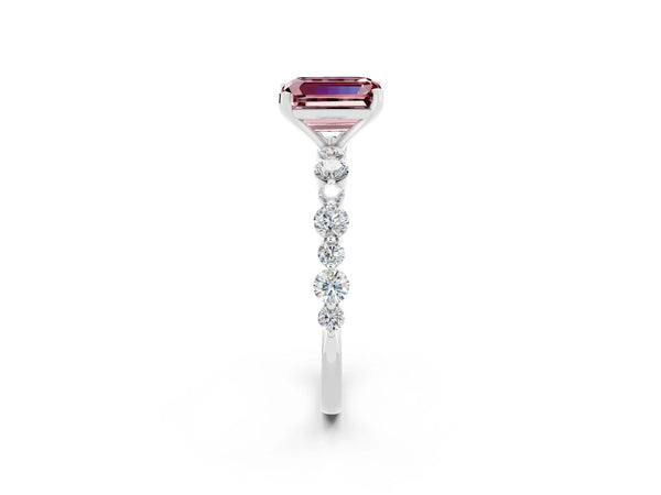 White gold Emerald Cut Morganite Prong Set Engagement Ring with Pavé Band