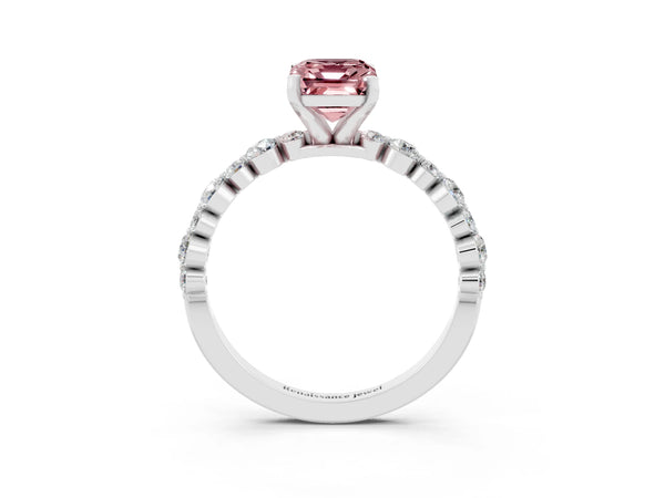 Platinum Emerald Cut Morganite Prong Set Engagement Ring with Pavé Band