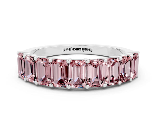 White gold Emerald Cut Morganite Prong-Set Eternity Band