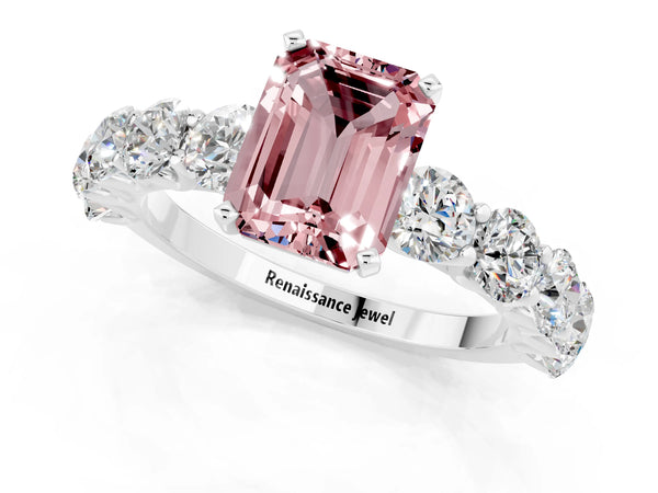 Silver Emerald Cut Morganite Prong Setting with Side Stones on a Pave Band