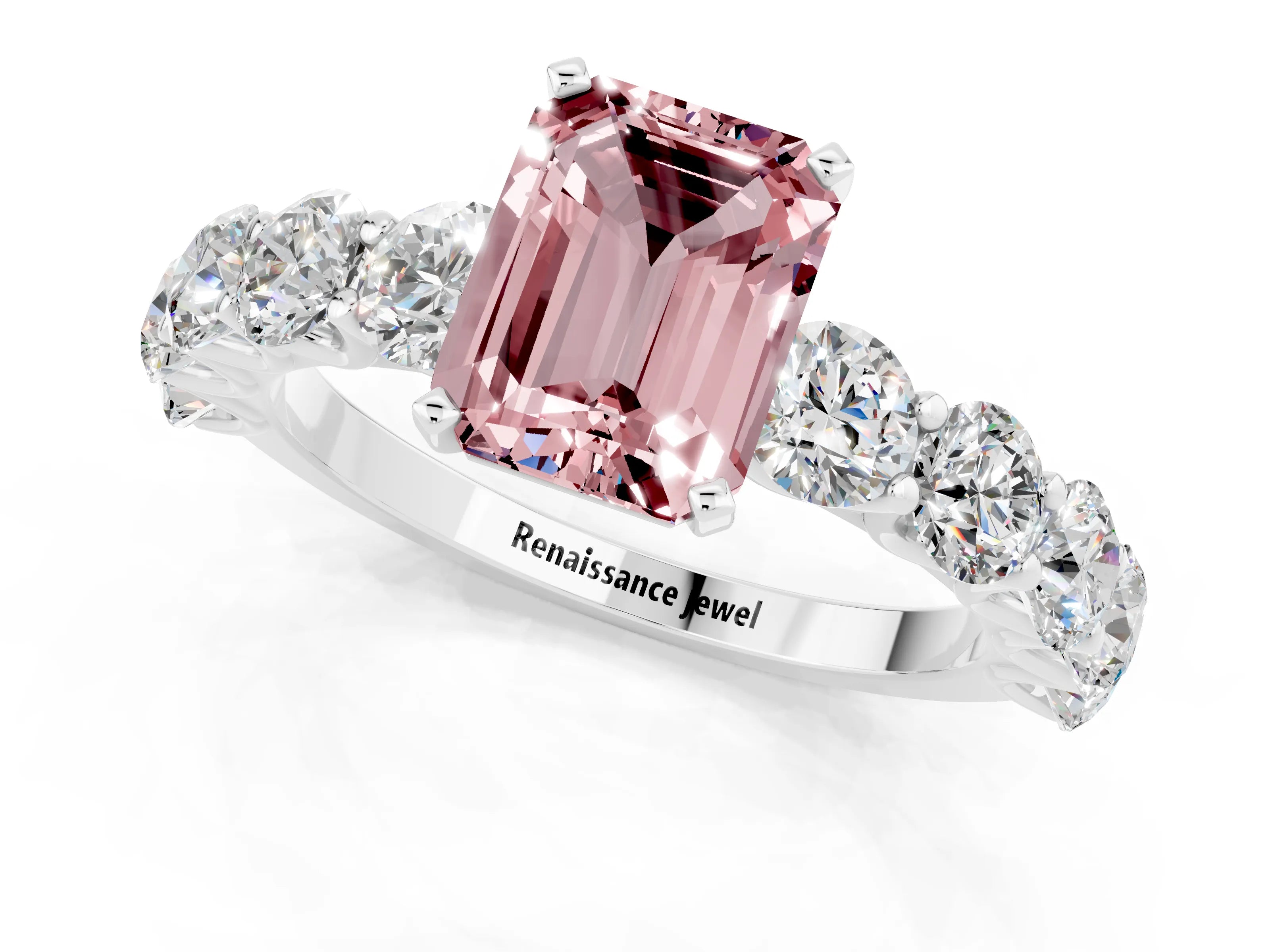 White gold Emerald Cut Morganite Prong Setting with Side Stones on a Pave Band_1