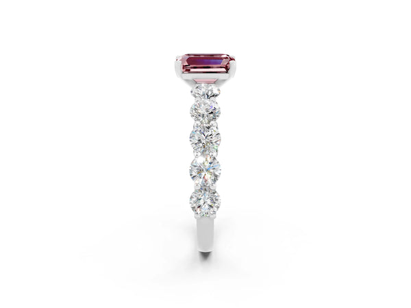 Silver Emerald Cut Morganite Prong Setting with Side Stones on a Pave Band