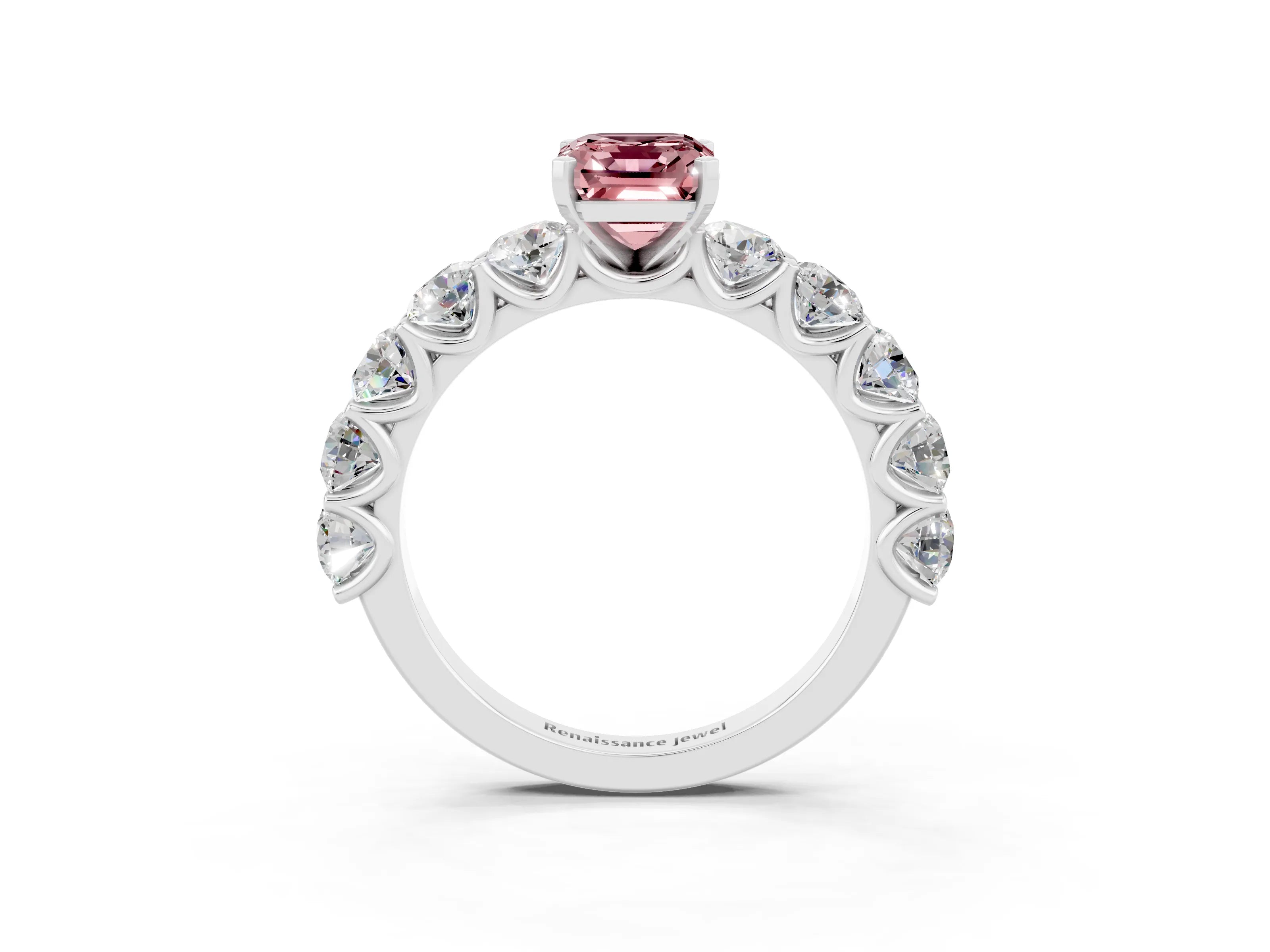 White gold Emerald Cut Morganite Prong Setting with Side Stones on a Pave Band_3