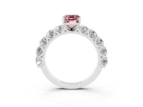 White gold Emerald Cut Morganite Prong Setting with Side Stones on a Pave Band_3