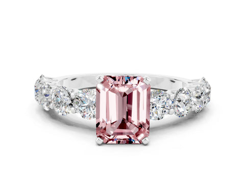 White gold Emerald Cut Morganite Prong Setting with Side Stones on a Pave Band