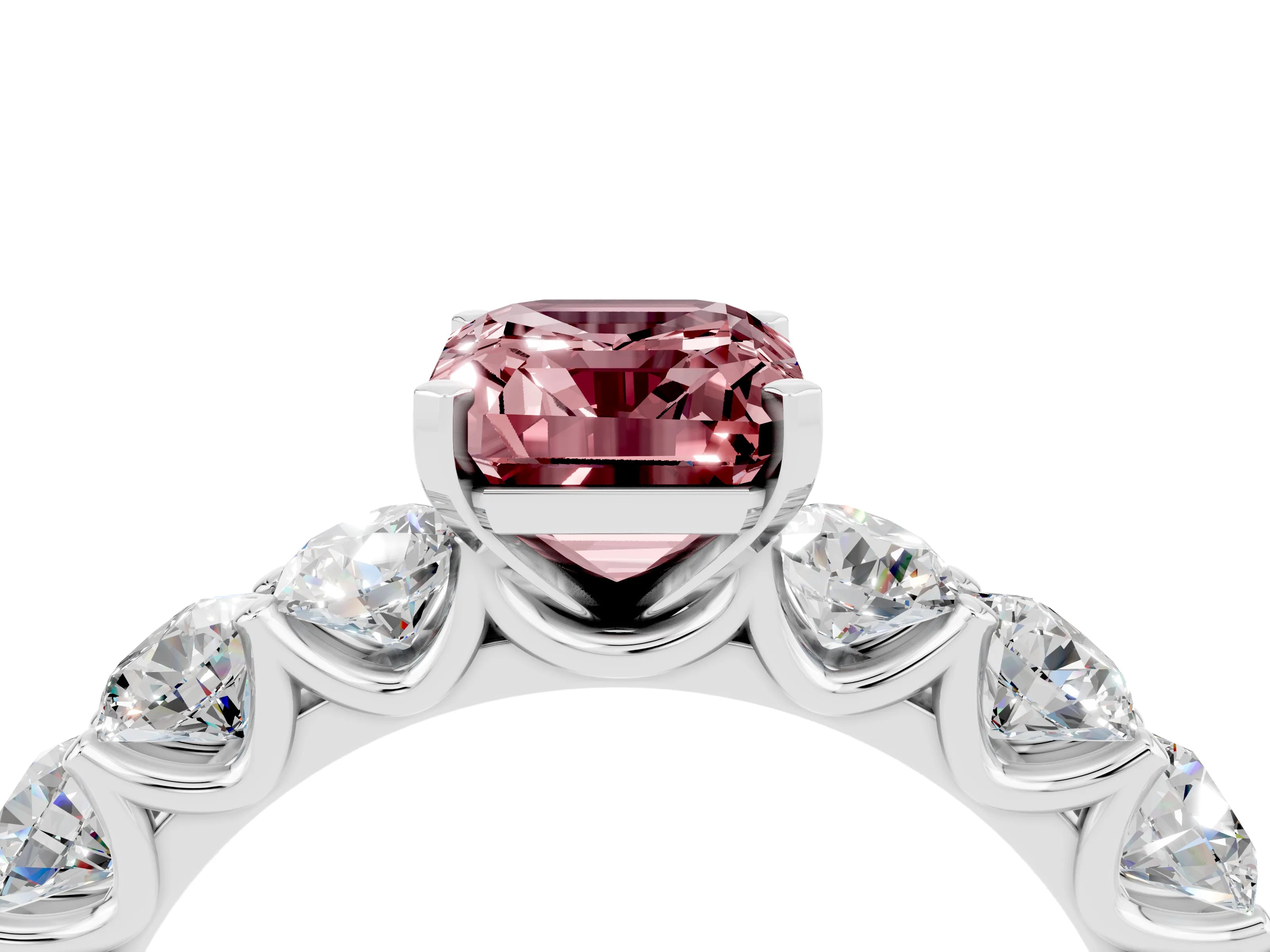 White gold Emerald Cut Morganite Prong Setting with Side Stones on a Pave Band_4