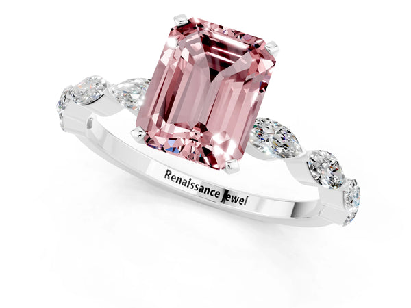 Silver Emerald Cut Morganite Ring with Marquise Side Stones and Prong Setting