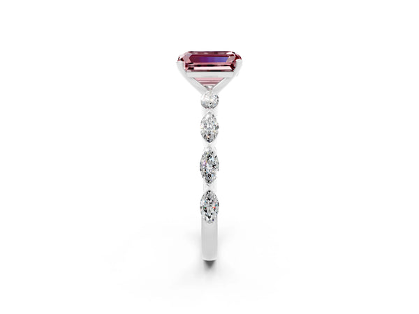 White gold Emerald Cut Morganite Ring with Marquise Side Stones and Prong Setting