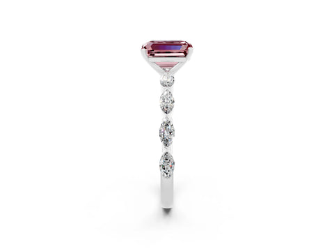 White gold Emerald Cut Morganite Ring with Marquise Side Stones and Prong Setting_2