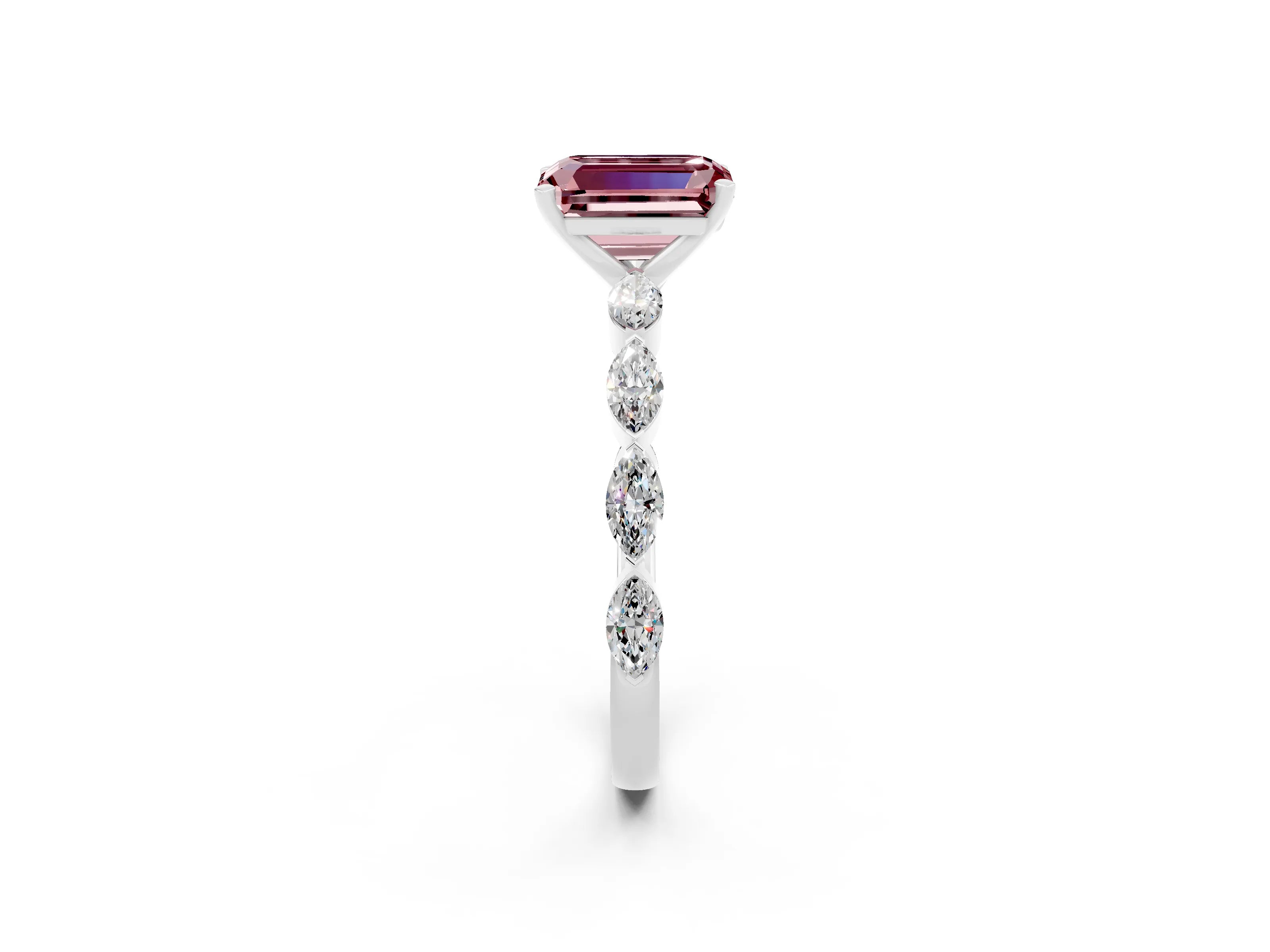 White gold Emerald Cut Morganite Ring with Marquise Side Stones and Prong Setting_2