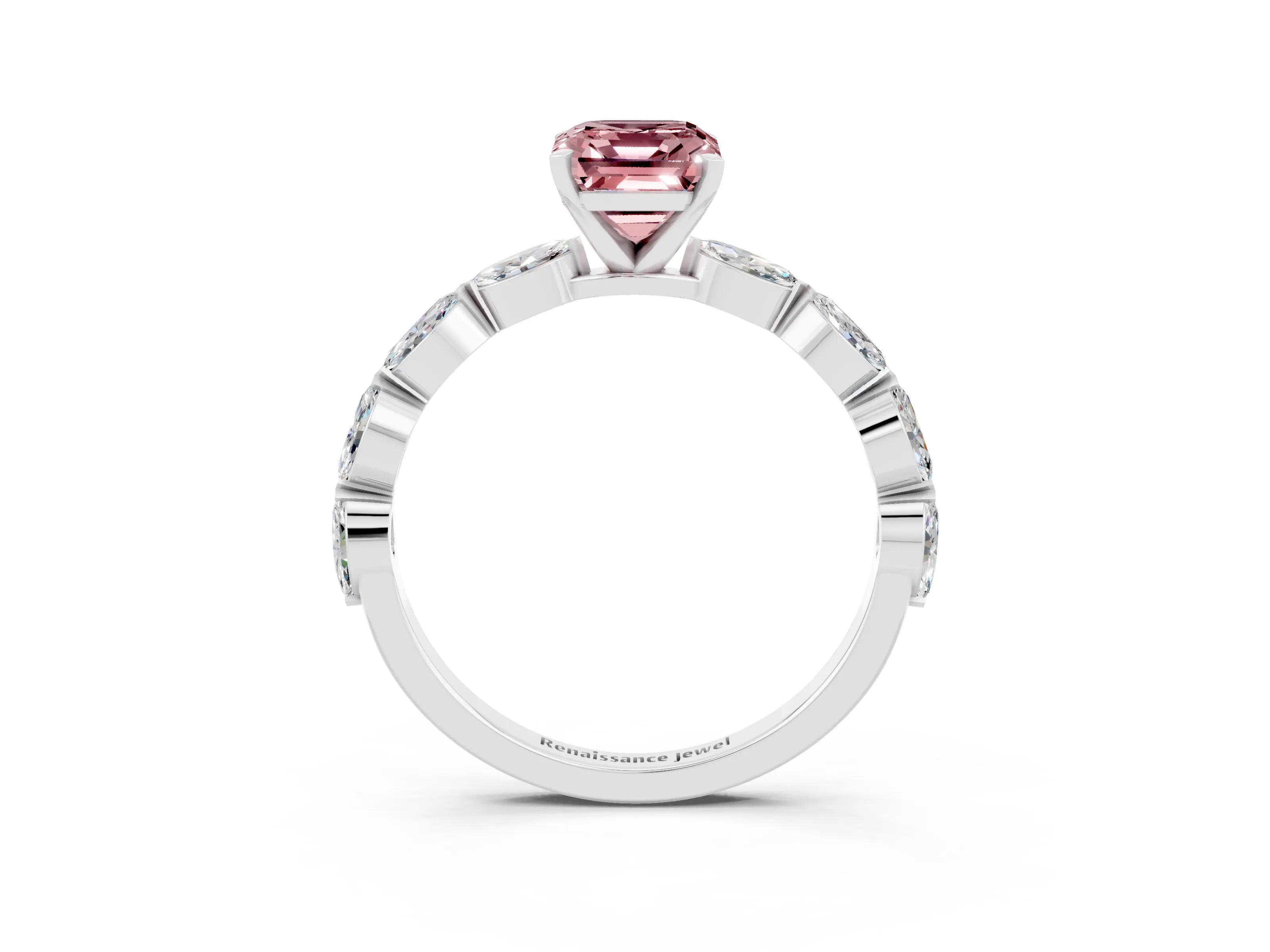 White gold Emerald Cut Morganite Ring with Marquise Side Stones and Prong Setting_3