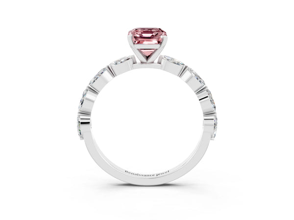 Platinum Emerald Cut Morganite Ring with Marquise Side Stones and Prong Setting
