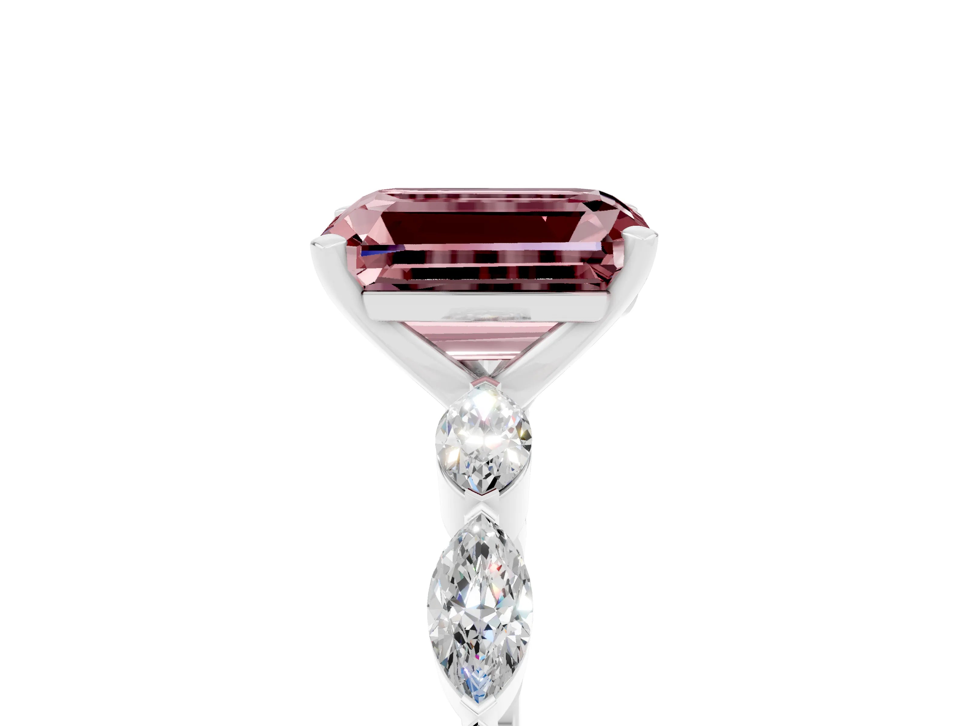 White gold Emerald Cut Morganite Ring with Marquise Side Stones and Prong Setting_5