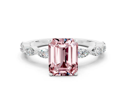 White gold Emerald Cut Morganite Ring with Marquise Side Stones and Prong Setting