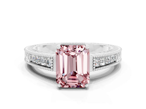White gold Emerald Cut Morganite Ring with Milgrain Pavé Band and Four-Prong Setting_12