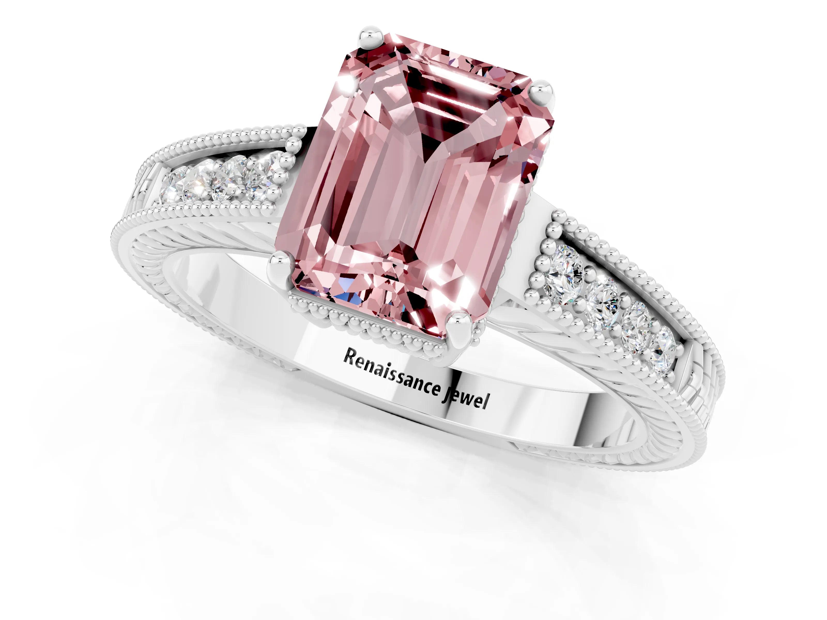 White gold Emerald Cut Morganite Ring with Milgrain Pavé Band and Four-Prong Setting_13