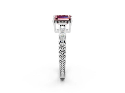 White gold Emerald Cut Morganite Ring with Milgrain Pavé Band and Four-Prong Setting_14