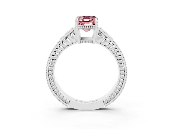 White gold Emerald Cut Morganite Ring with Milgrain Pavé Band and Four-Prong Setting