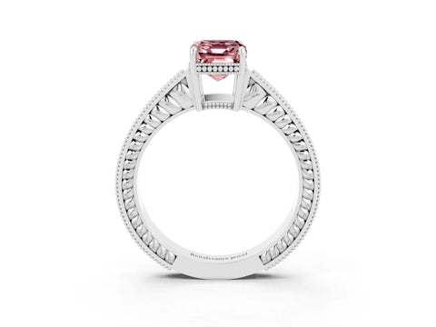 White gold Emerald Cut Morganite Ring with Milgrain Pavé Band and Four-Prong Setting_15