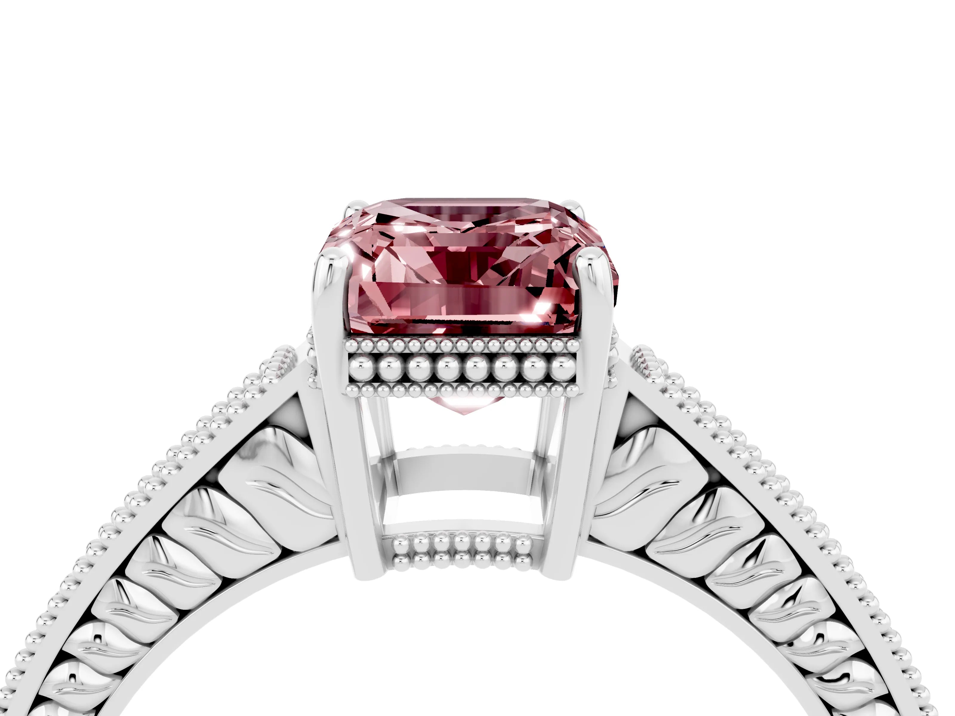 White gold Emerald Cut Morganite Ring with Milgrain Pavé Band and Four-Prong Setting_16