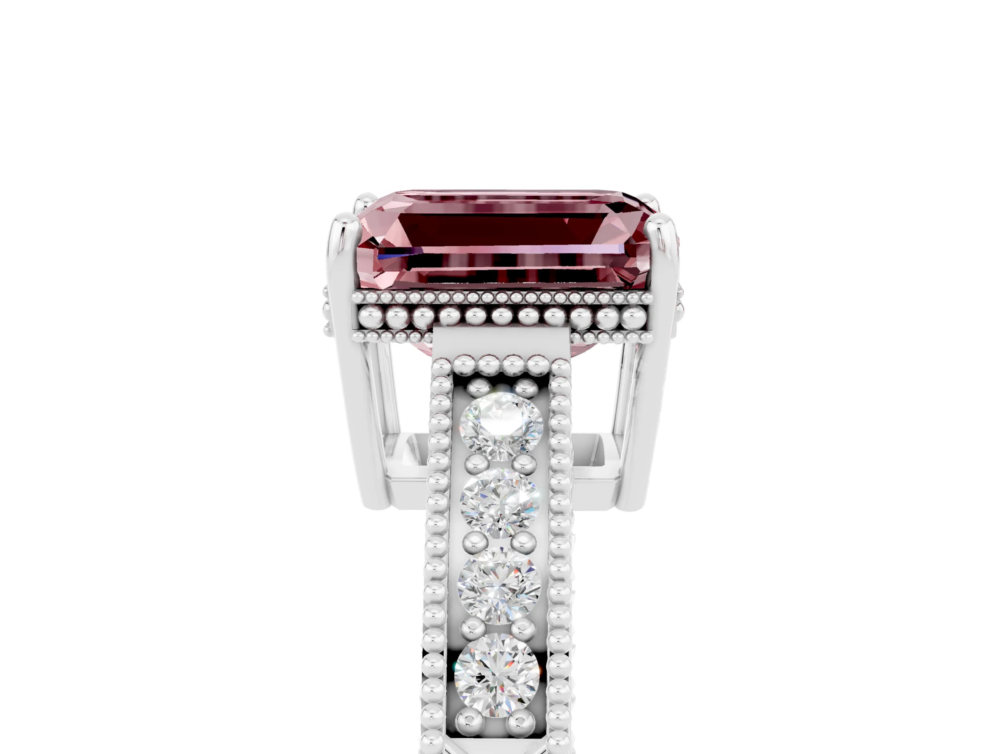 White gold Emerald Cut Morganite Ring with Milgrain Pavé Band and Four-Prong Setting_17