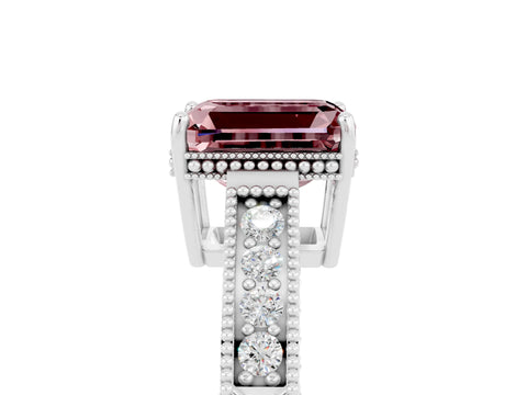White gold Emerald Cut Morganite Ring with Milgrain Pavé Band and Four-Prong Setting_17