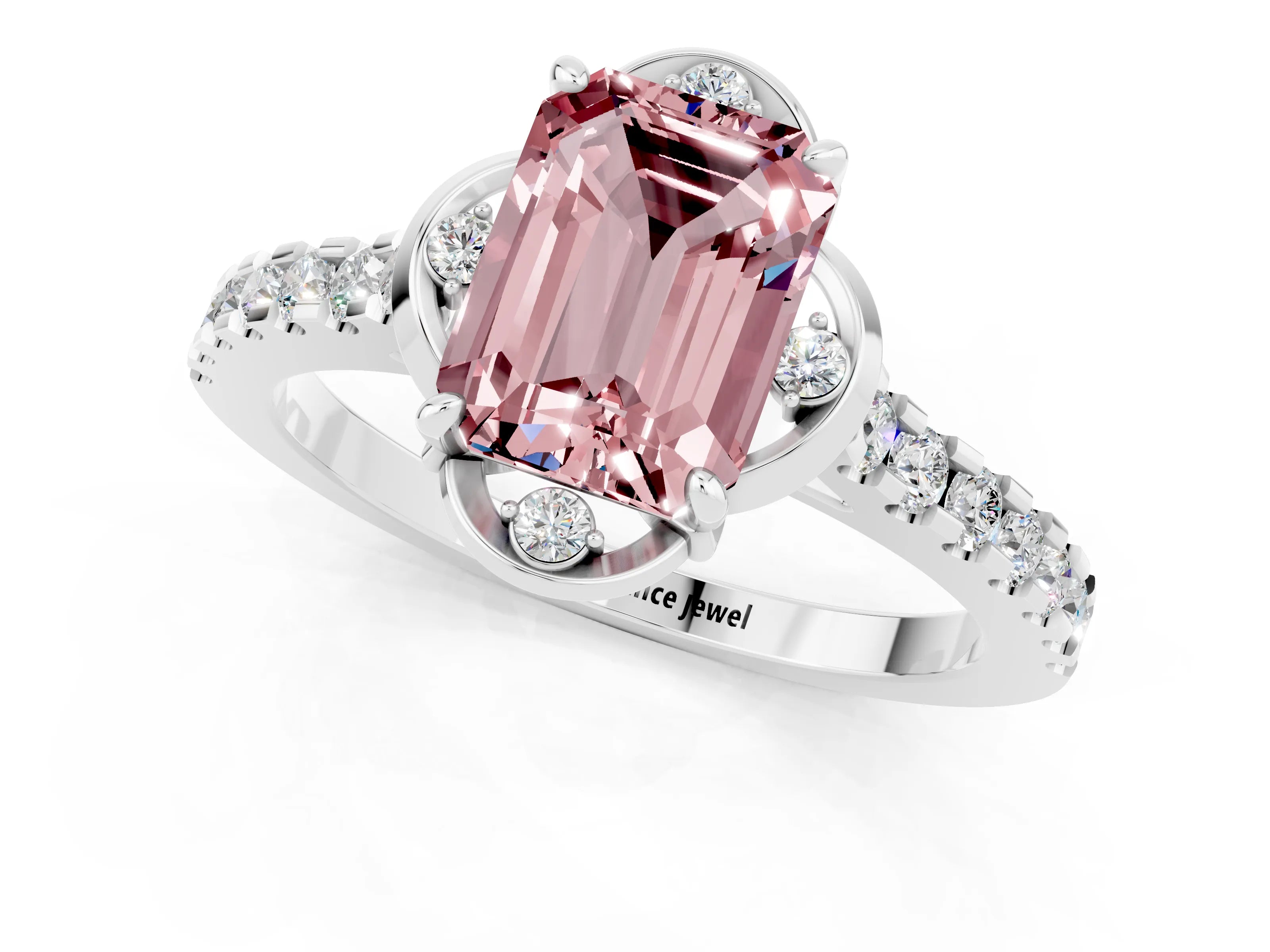 White gold Emerald Cut Morganite Ring with Pavé Band and Floral Prong Setting_1