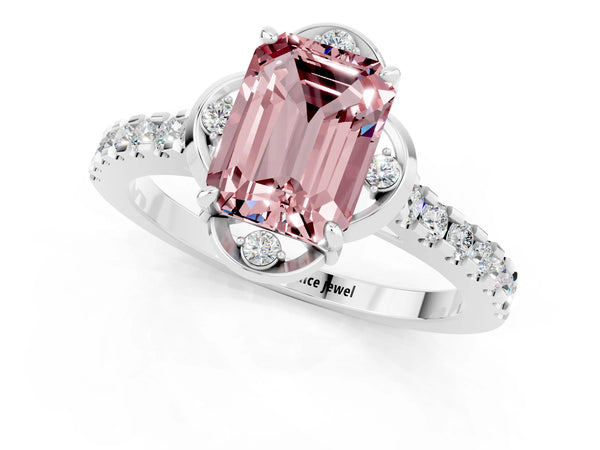 Platinum Emerald Cut Morganite Ring with Pavé Band and Floral Prong Setting