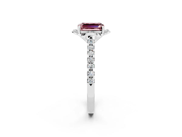 White gold Emerald Cut Morganite Ring with Pavé Band and Floral Prong Setting