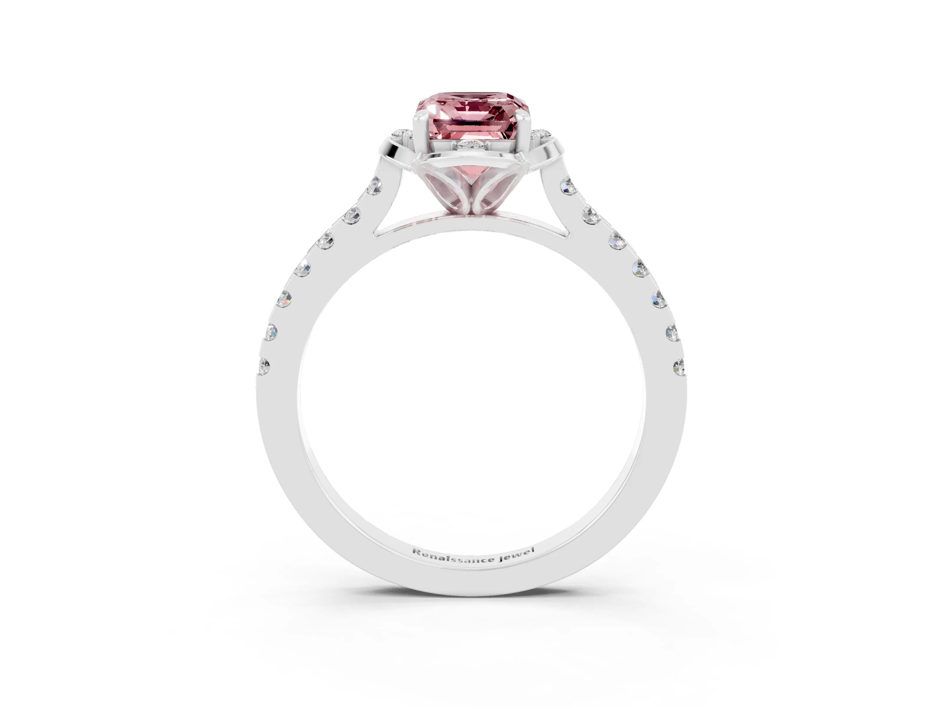White gold Emerald Cut Morganite Ring with Pavé Band and Floral Prong Setting_3