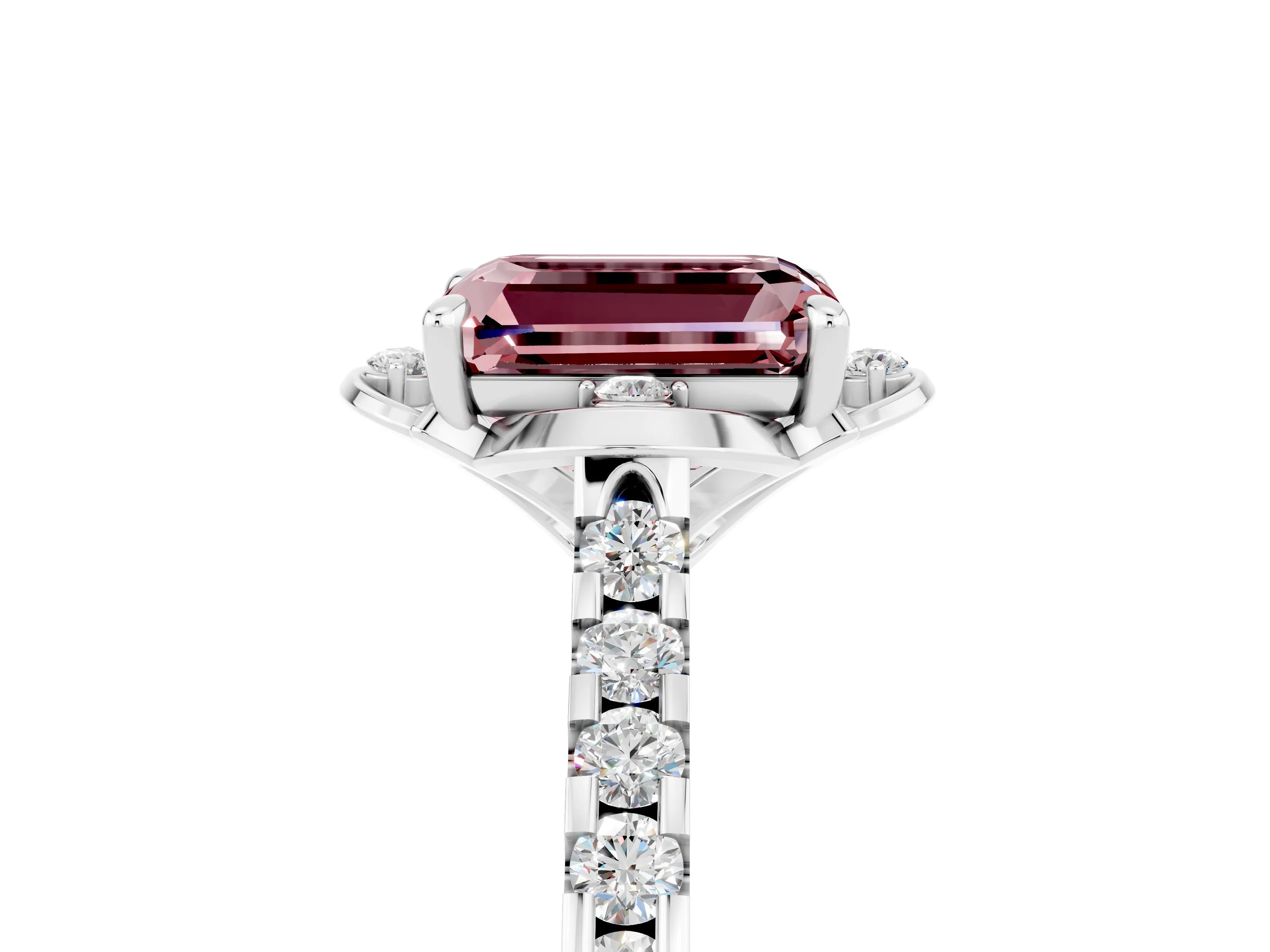White gold Emerald Cut Morganite Ring with Pavé Band and Floral Prong Setting_5
