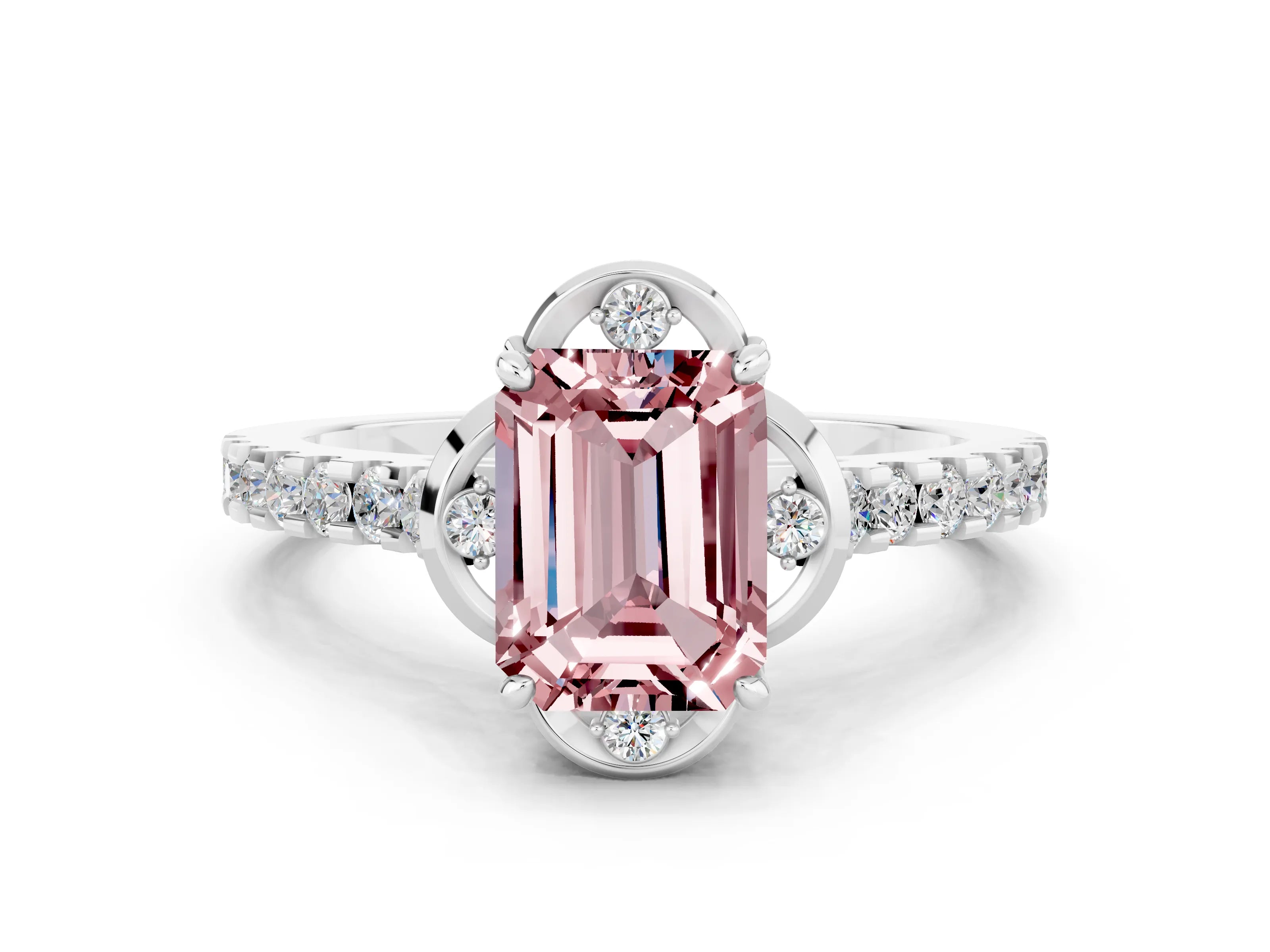 White gold Emerald Cut Morganite Ring with Pavé Band and Floral Prong Setting