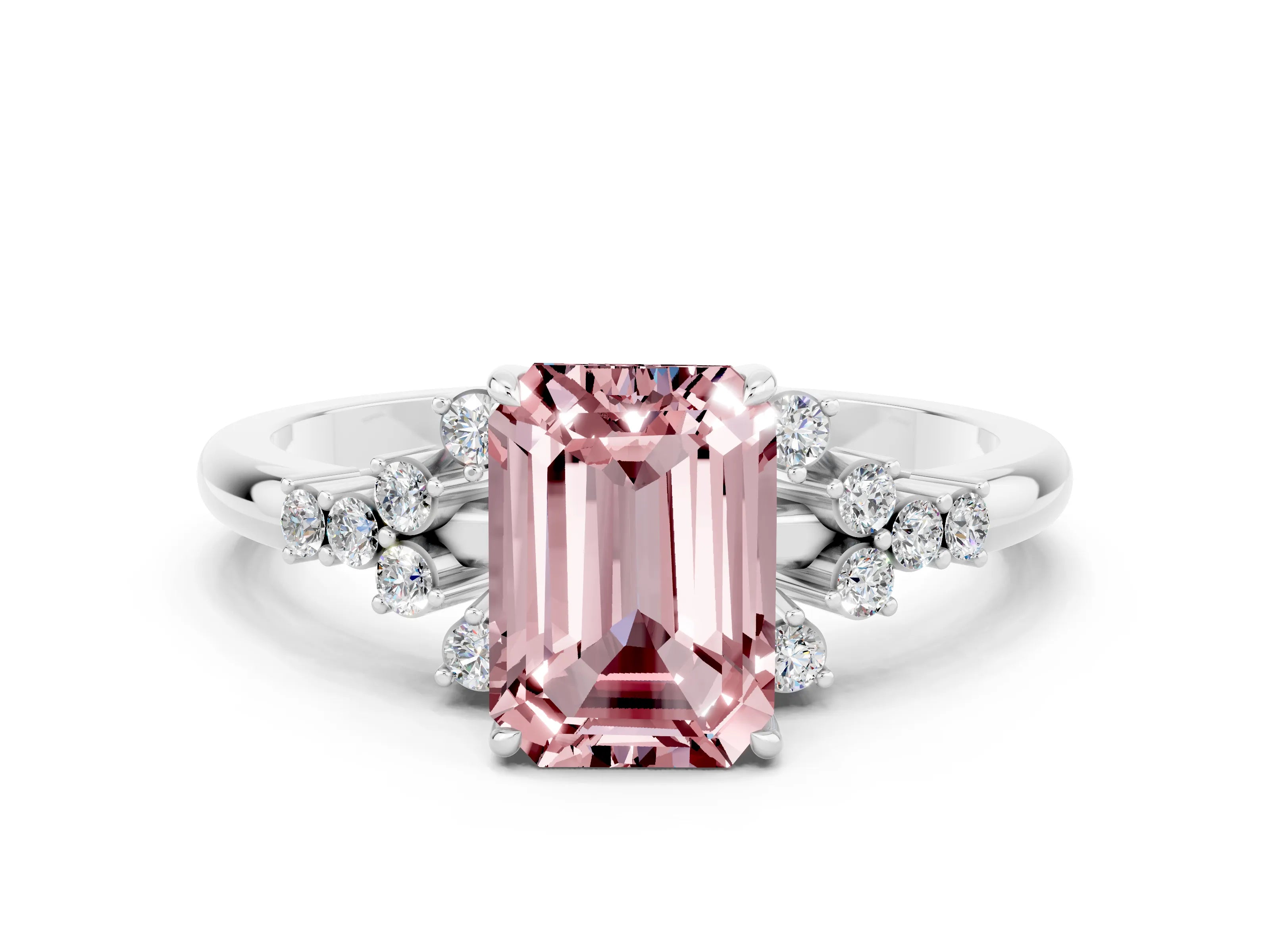 White gold Emerald Cut Morganite Ring with Side Stones and Four-Prong Setting_36