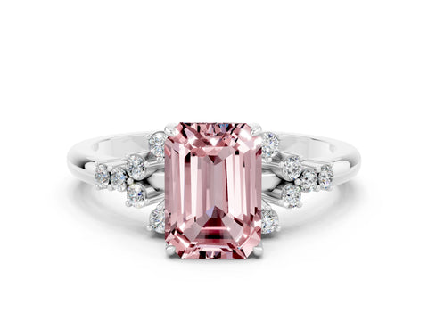 White gold Emerald Cut Morganite Ring with Side Stones and Four-Prong Setting_36