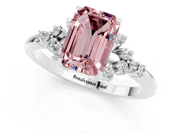 Platinum Emerald Cut Morganite Ring with Side Stones and Four-Prong Setting