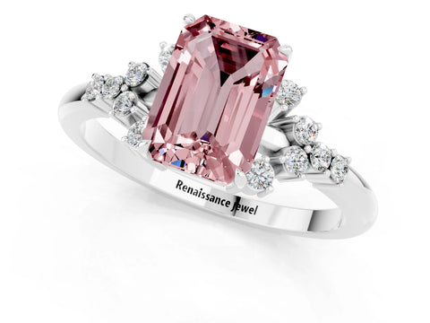 White gold Emerald Cut Morganite Ring with Side Stones and Four-Prong Setting_37