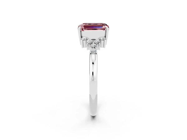 Silver Emerald Cut Morganite Ring with Side Stones and Four-Prong Setting