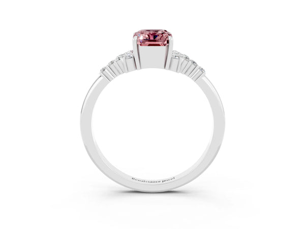 White gold Emerald Cut Morganite Ring with Side Stones and Four-Prong Setting