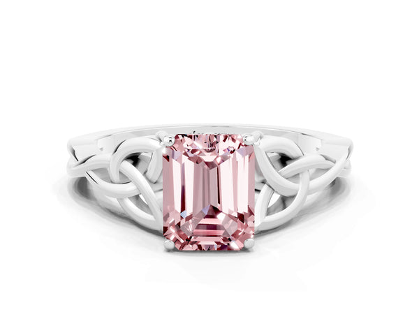 Platinum Emerald Cut Morganite Solitaire Celtic Knot Ring with Four-Prong Setting