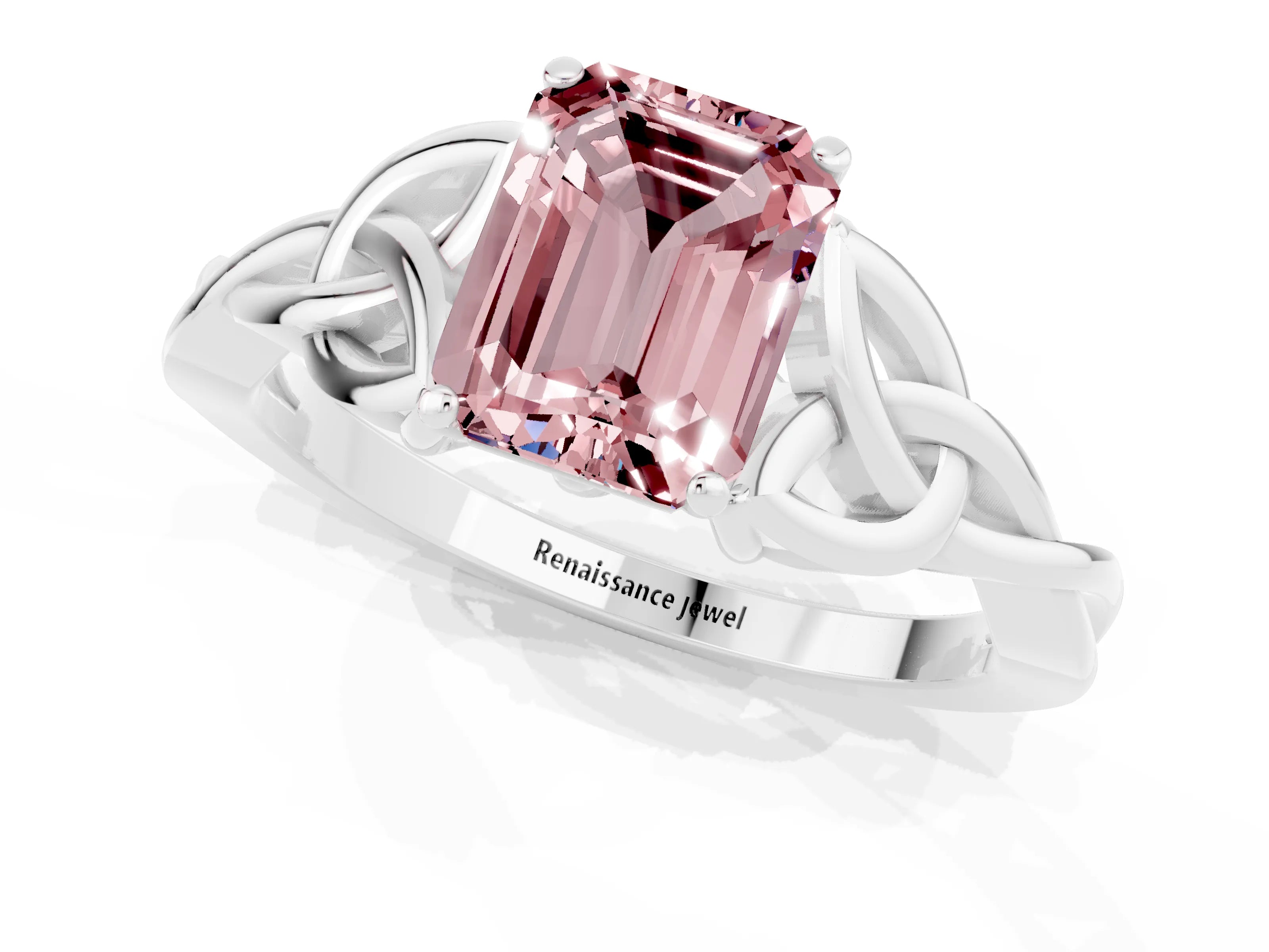 White gold Emerald Cut Morganite Solitaire Celtic Knot Ring with Four-Prong Setting_13