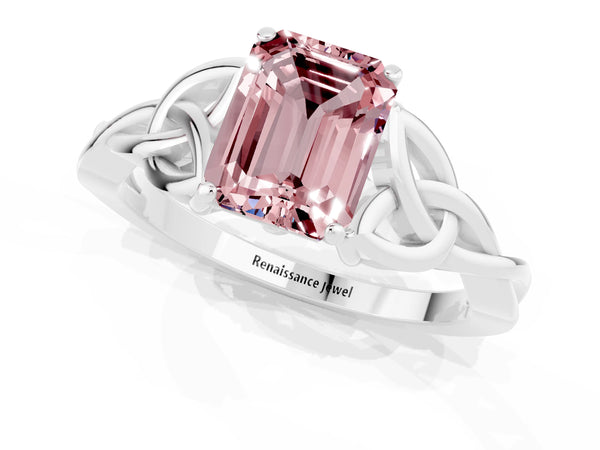 White gold Emerald Cut Morganite Solitaire Celtic Knot Ring with Four-Prong Setting