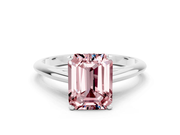Platinum Emerald Cut Morganite Solitaire Engagement Ring with Cathedral Setting and Four-Prong Mount