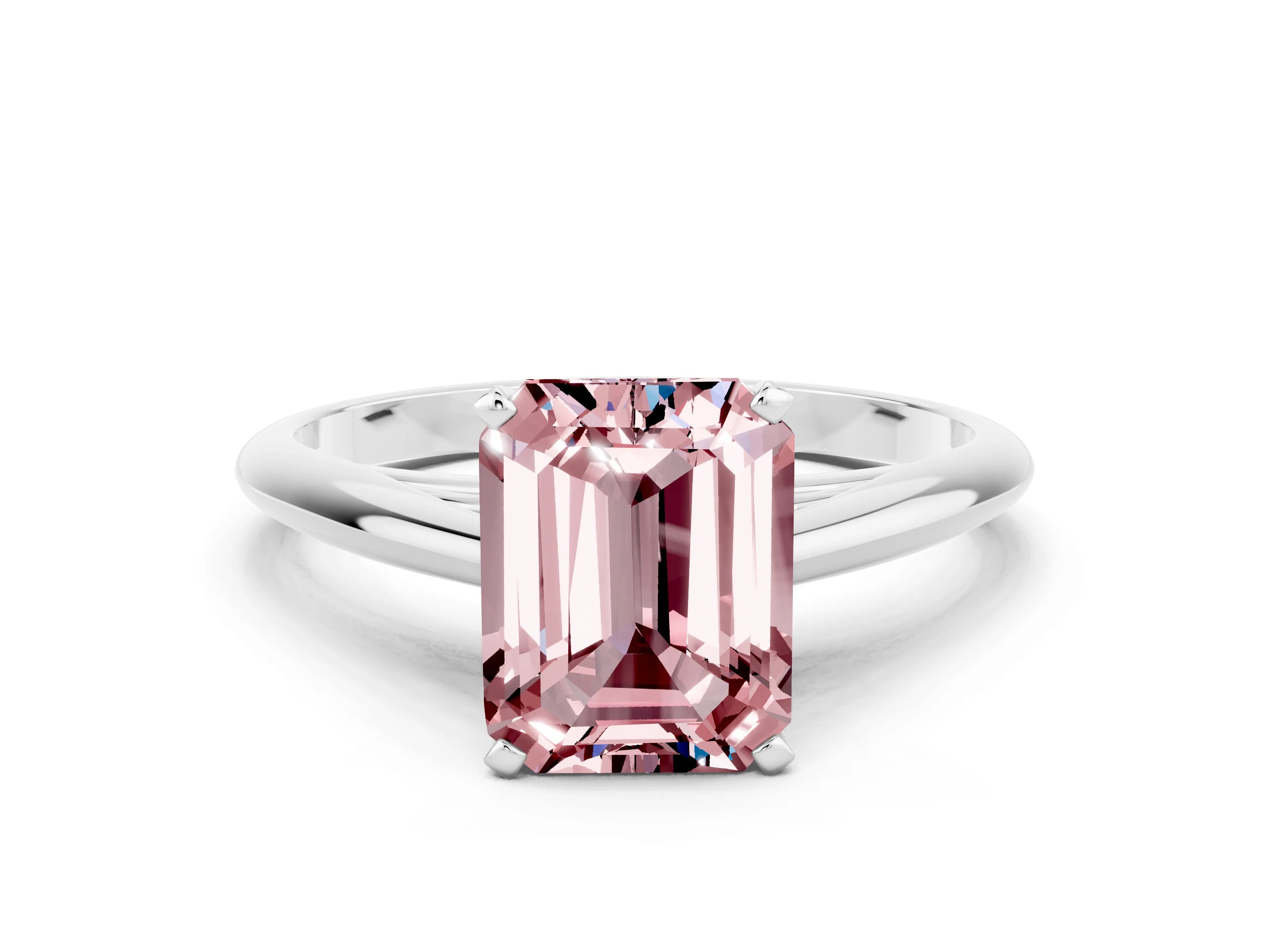 White gold Emerald Cut Morganite Solitaire Engagement Ring with Cathedral Setting and Four-Prong Mount_12